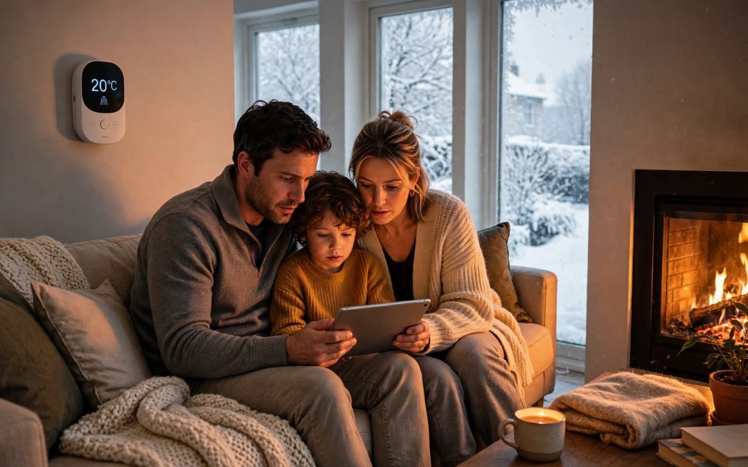Cozy UK living room with warm fireplace glow inside while heavy snow falls outside - winter energy bills savings concept, thermostat showing 20C